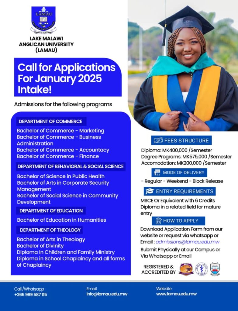 CALL FOR APPLICATIONS FOR JANUARY 2025 INTAKE LAKE MALAWI ANGLICAN